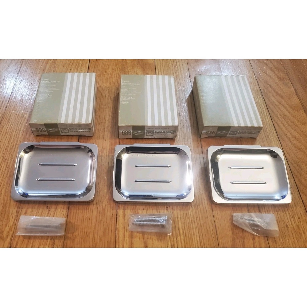 Lot of 3 Vintage Donner Chrome Soap Dishes NOS 1980s Stainless Wall Mount Retro